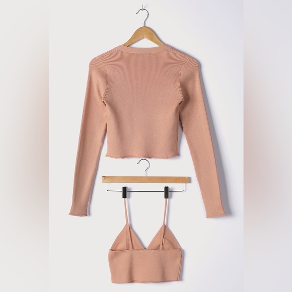 Lulus// Two Cute Peach Ribbed Knit Crop Top and Cardigan Sweater Set - Picture 10 of 12